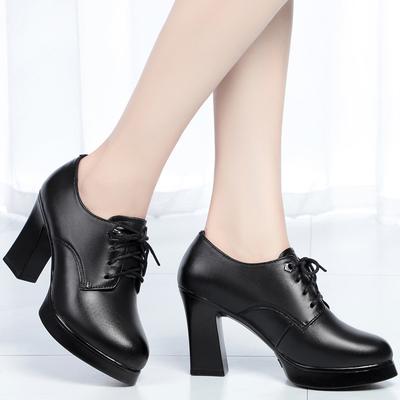 Women's Leather Shoes High Heels Lace Up Single Shoes Thick Heels Thick Soles Waterproof Platform, Large-sized Middle-aged Women's Shoes