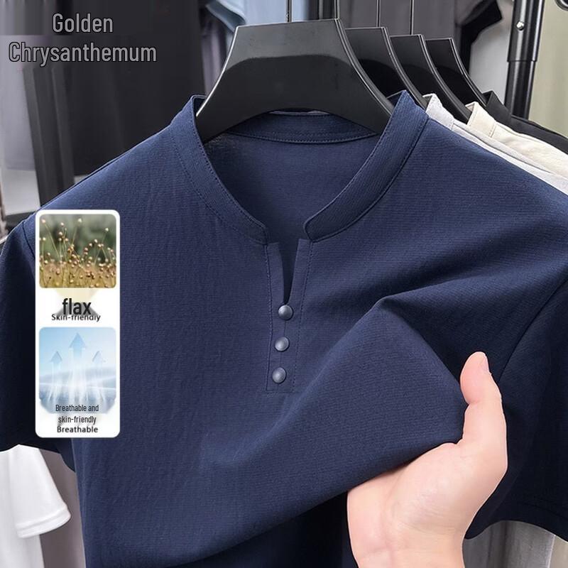 Men s Breathable Linen Blend Short Sleeve Henley Polo Shirt L