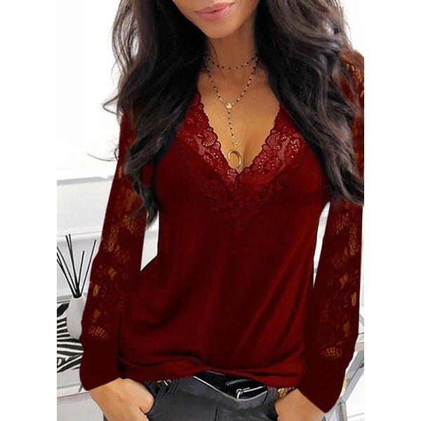 Women's V-neck Lace Long-sleeved Casual T-shirtsexy Clothes Solid Color T-shirt Plus Size