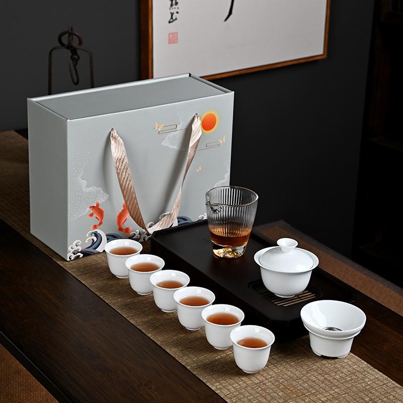 Suet Jade Kung Fu Tea Set, a Complete Set of Household Ceramic Cover Bowls and Teacups, a Complete Set of White Porcelain