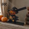 Festive Table Decor Halloween Sign, Spooky Ghost Grim Reaper Black Cat Pumpkin Scarecrow Realistic Patterns Wooden Tabletop Centerpiece for