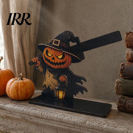Festive Table Decor Halloween Sign, Spooky Ghost Grim Reaper Black Cat Pumpkin Scarecrow Realistic Patterns Wooden Tabletop Centerpiece for