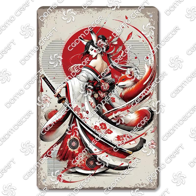 Retro Japanischer Stil Poster Metall Blechschilder Kimono Schönheiten Japanischer Samurai Vintage Metallplatte Wanddeko Club Bar Man Cave