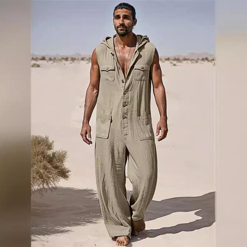 

Men s Khaki Sleeveless Jumpsuit with Button Front and Multiple Pockets, Desert Adventure Outfit XL хакі
