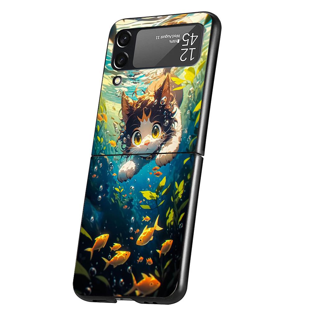 Cartoon Cute Cat Fish Aesthetic Cover Phone Case For Samsung Galaxy Z Flip 7 6 5 4 3 5G Flip7 Flip6 Flip5 Flip4 Flip3 Black Fund