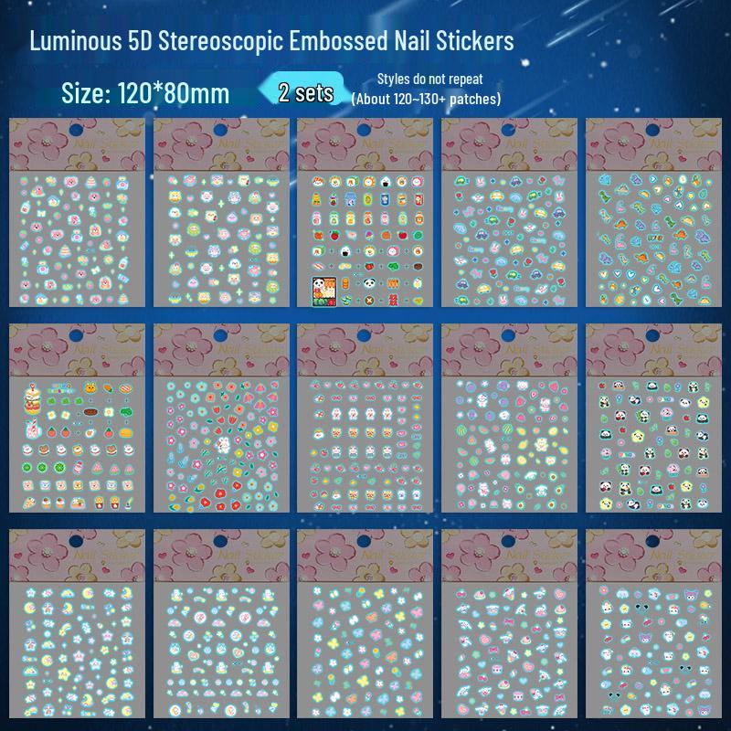 Glow-in-the-Dark 5D Embossed Nail Stickers for Girls - Waterproof, 3D Princess Design