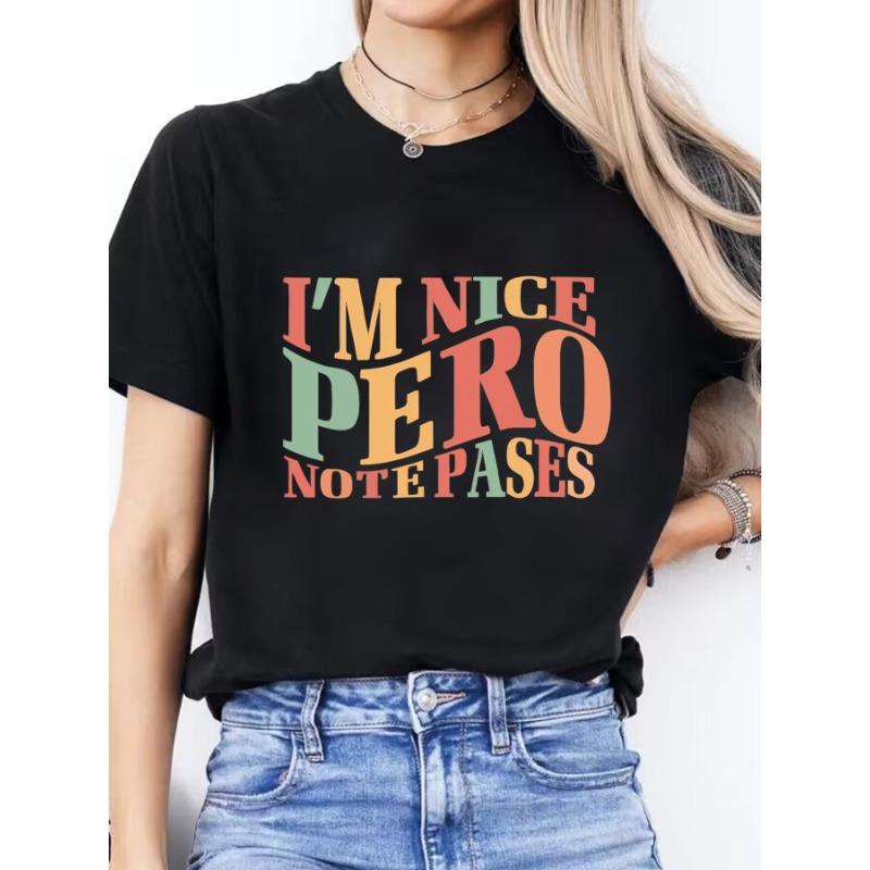 

Women s Spanish Alphabet - Print T-Shirt - Short Sleeve Round Neck Casual Blouse with Spanish Lettering, Spring Summer Casual Attire 4XL чорний