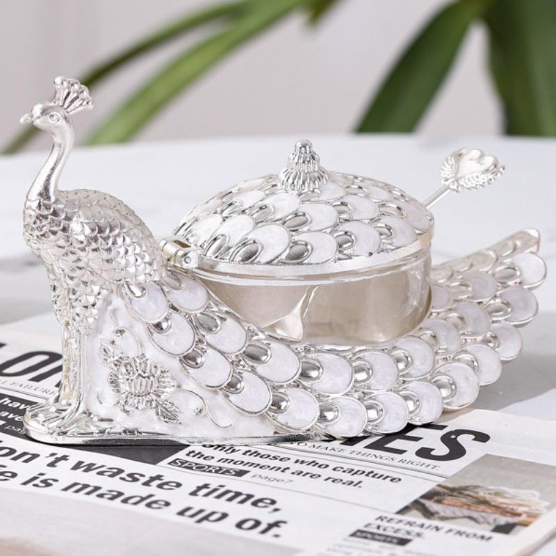 Sugar Bowl Seasoning Jar,Silver Peacock Shape Alloy With lid,Coffee Beans Container,Sugar and Dairy Storage Pots,Kitchen Tools