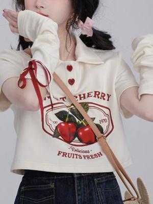 Süßes japanisches bauchfreies Top mit Kirschdruck, OverSleeve, Kawaii, Casujal, Damen, All Match, lockere Y2k-Ästhetik-T-Shirts, Harajuku-Shirts