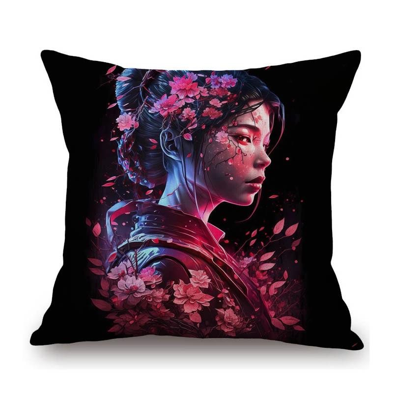 Pretty Japanese Girl Geisha Sakura Lovely Beautiful Woman Asian Culture Art Decorative Sofa Pillow Case Linen Cushion Cover
