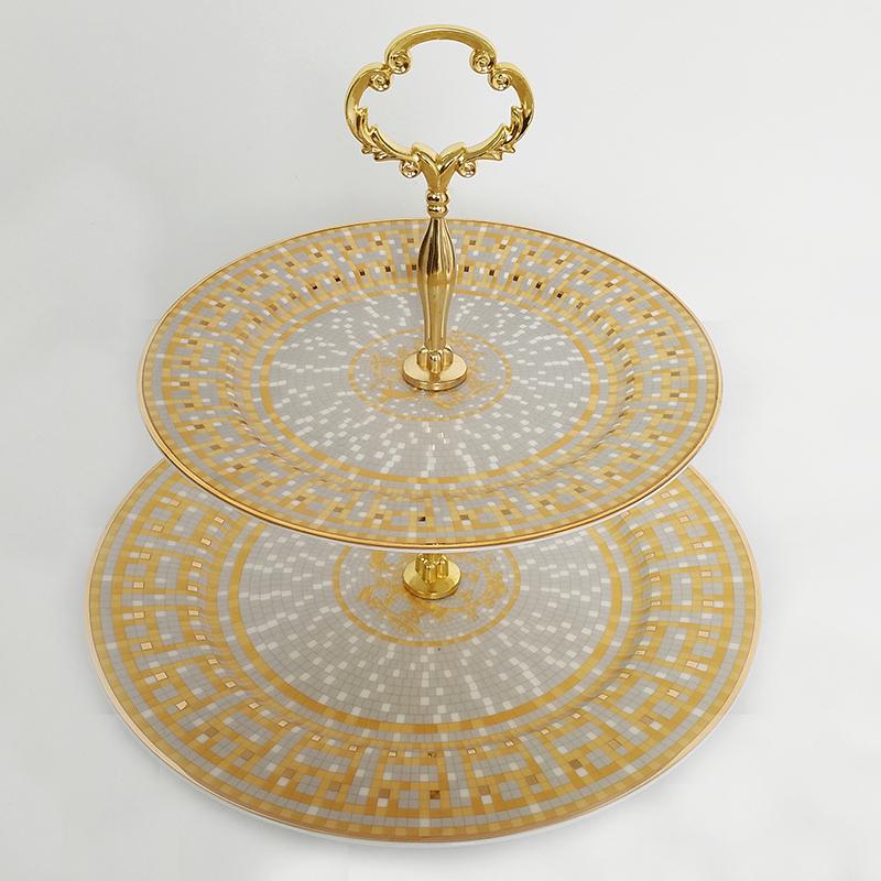 Elegant European Style Bone China Two-Tier Afternoon Tea Stand with Gold Mosaic Design