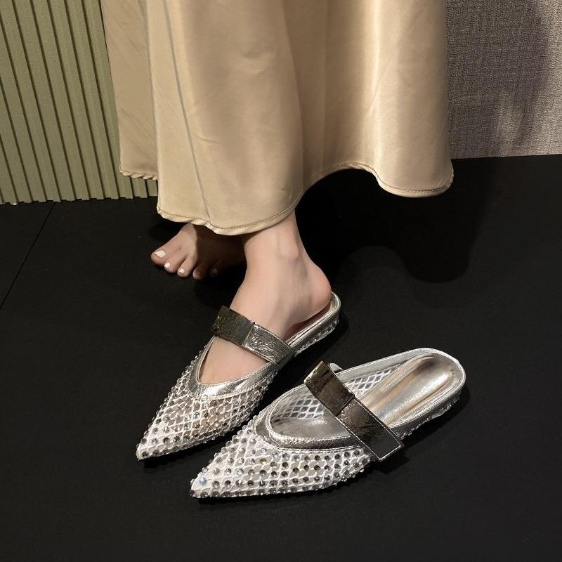 Rhinestone Mesh Wrapped Slippers Summer New Pointed Toe Cutout Breathable One Strap Non-Slip Low Heel Shoes