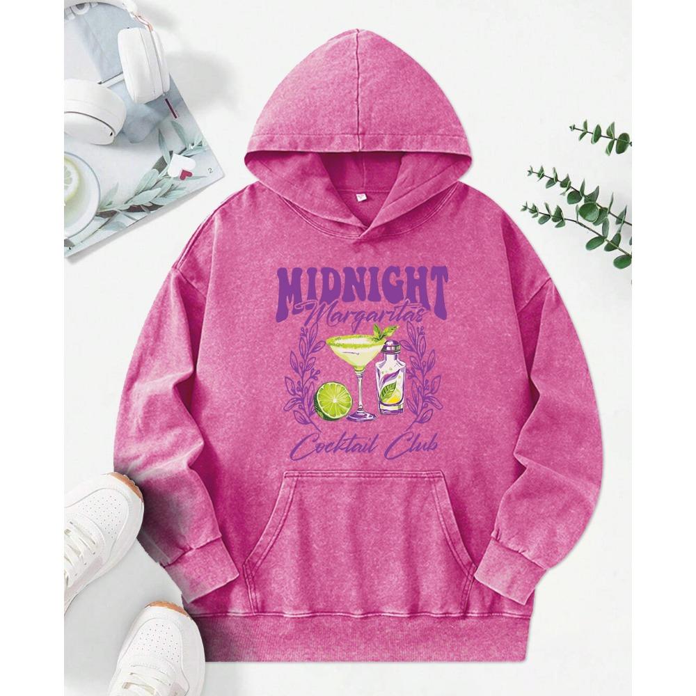 Midnight Margaret Cocktail Club Bedruckter Damen Washed Hoodie Herbst Street Pullover Schlichtheit Lässige Kapuzenpullover Baumwoll-Hoodie