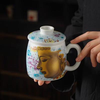 Soda Glaze Ceramic Flower Blooming Buddha Office Cup Water Cup With Lid Filter Tea Separation Tea Cup Gift Box