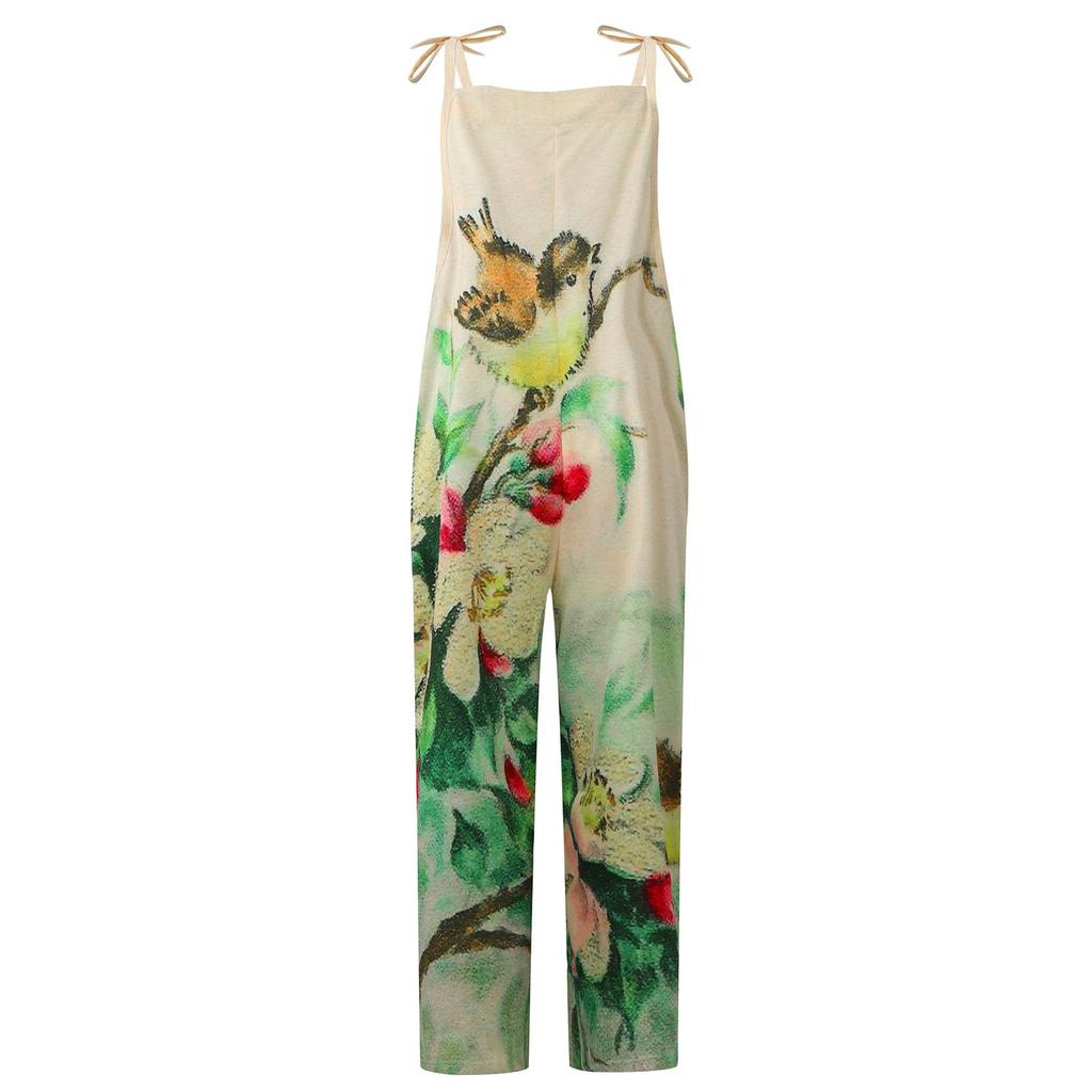 Women's Fashion Summer Sweet Loose Casual Print Retro Strappy Jumpsuit