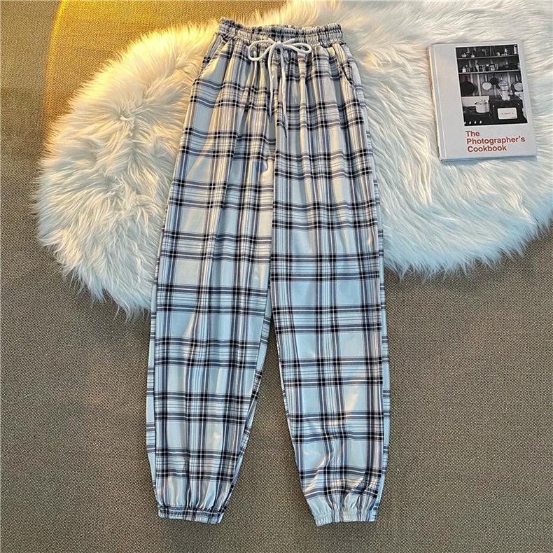 Women's Spring Autumn Four Seasons Plaid Elastic Waist High Waist Draped Slim Drawstring Trousers