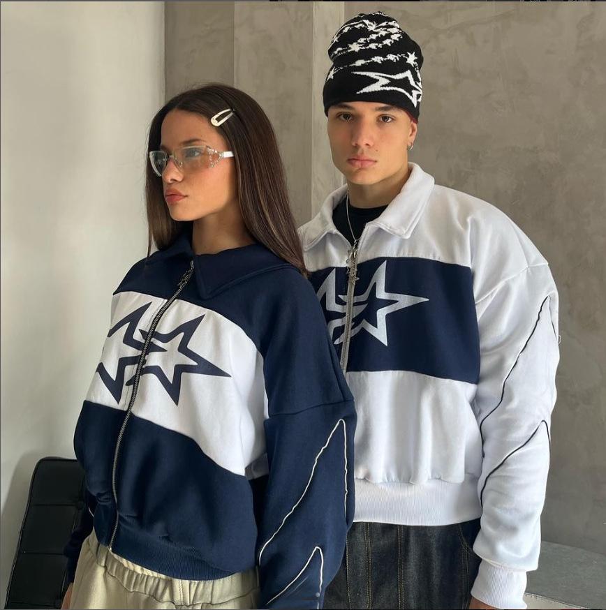 

2025 Звездный INS Цветной блок Толстовка на молнии - Осень/Зима С длинным рукавом Куртка со стойкой Medium