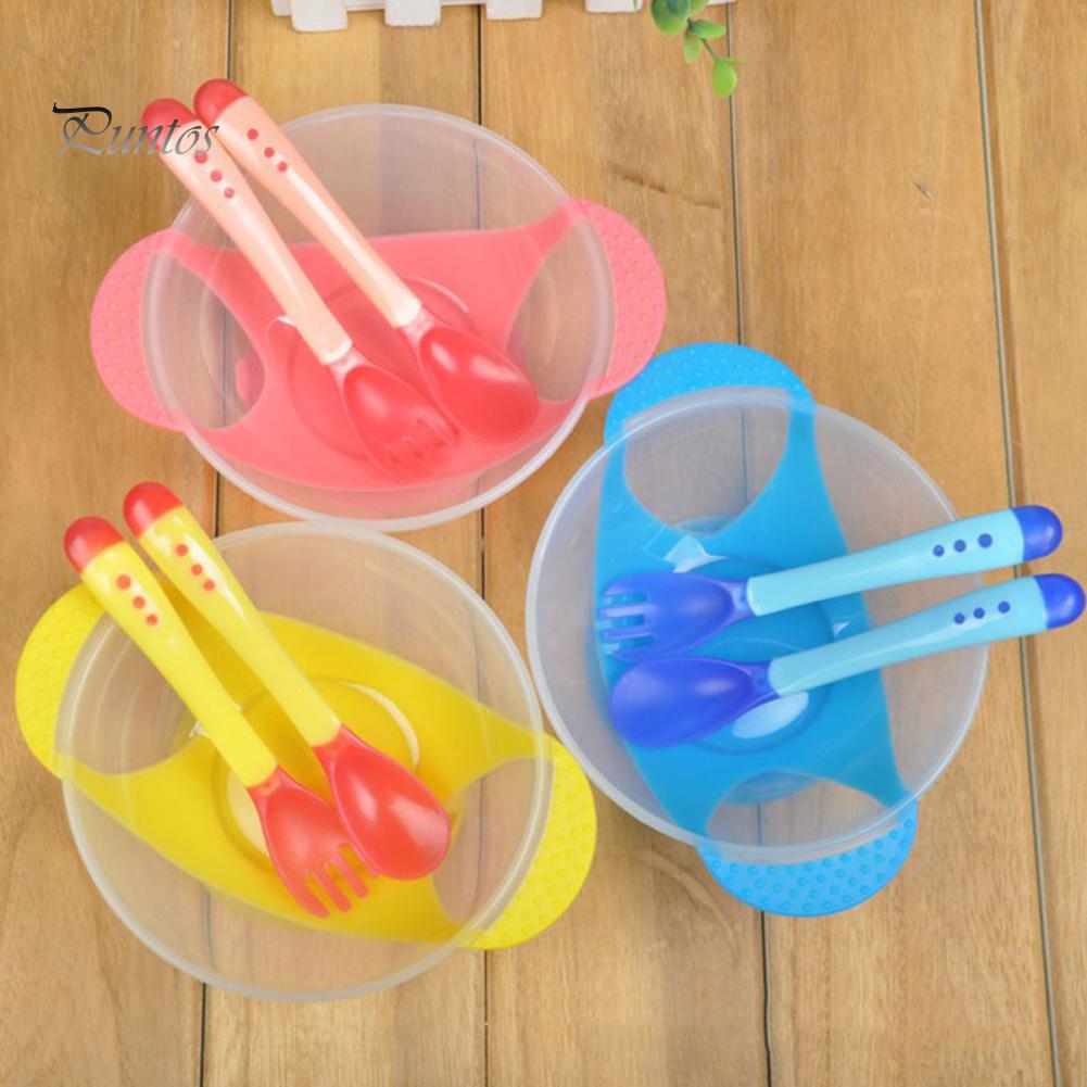 Puntos Kids Baby Child Suction Cup Training Feeding Bowl + Spoon + Fork Tableware Set