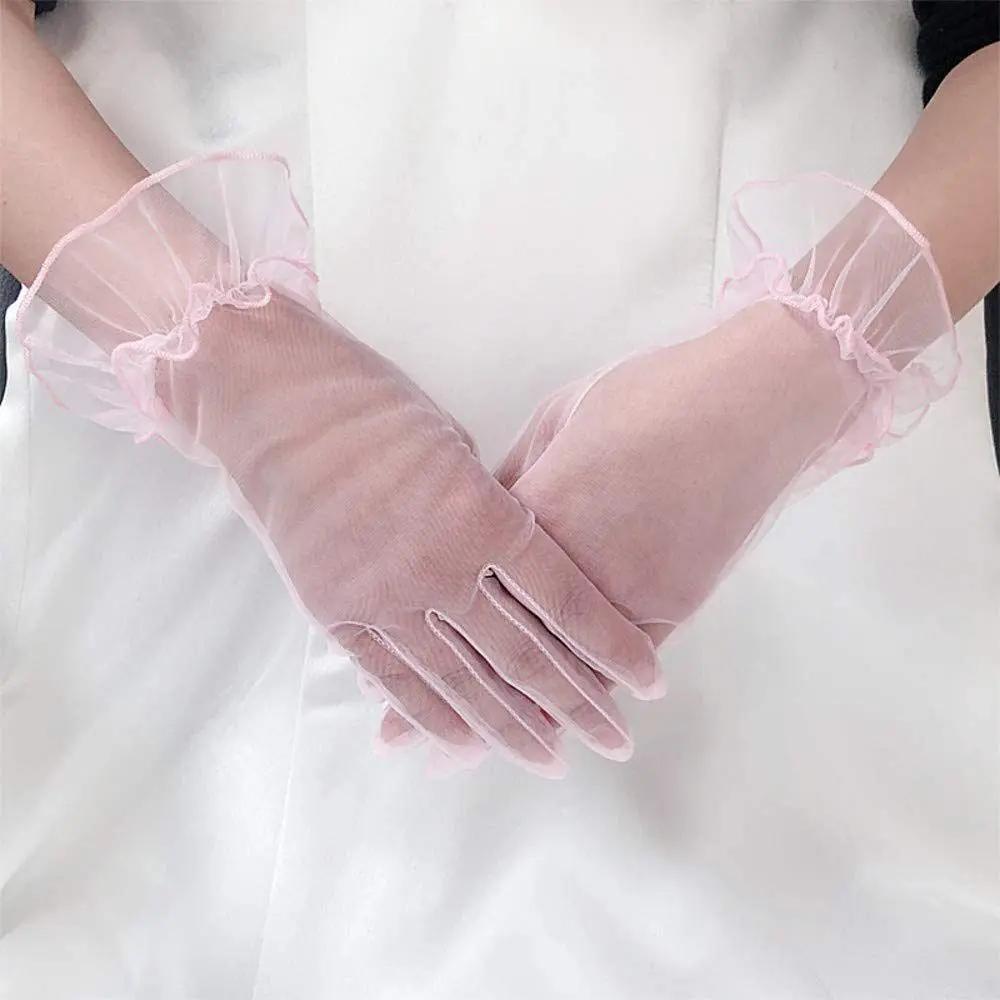Elegant Full Finger Bridal Wedding Women Mesh Gloves Elastic Transparent Women Tulle Gloves Ultra Thin Short Gauze Lace Gloves