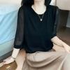 Temperament French Style Summer New Women's O-Neck Solid Embroidered Flares Simplicity Office Lady Loose Half Sleeve Knit Tops