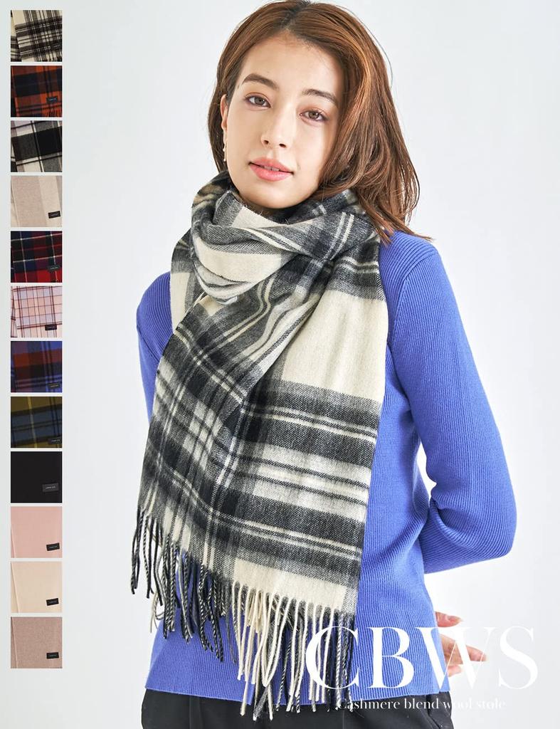 Large Wool 200cm x Check Ivory [macocca] Hand-washable Cashmere-Blend Stole, 90% Wool, 10% Cashmere, 60cm,