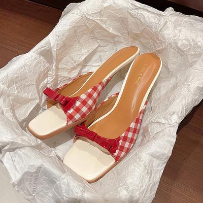 Sweet White Red Plaid Mule Sandals Woman Fairy Bowknot Kitten Heel Slide Slippers Ladies Cute Evening Party Pump Shoes