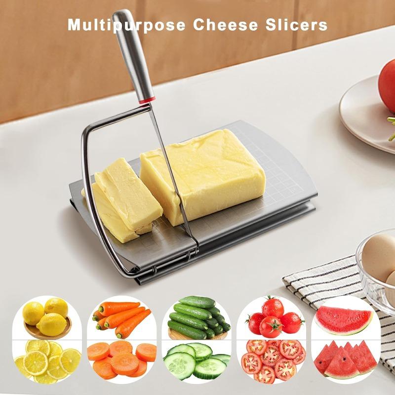 Stainless steel cheese slicer with anti slip scale measuring plate, used for cutting cakes, ham, butter in home restaurants and kitchens