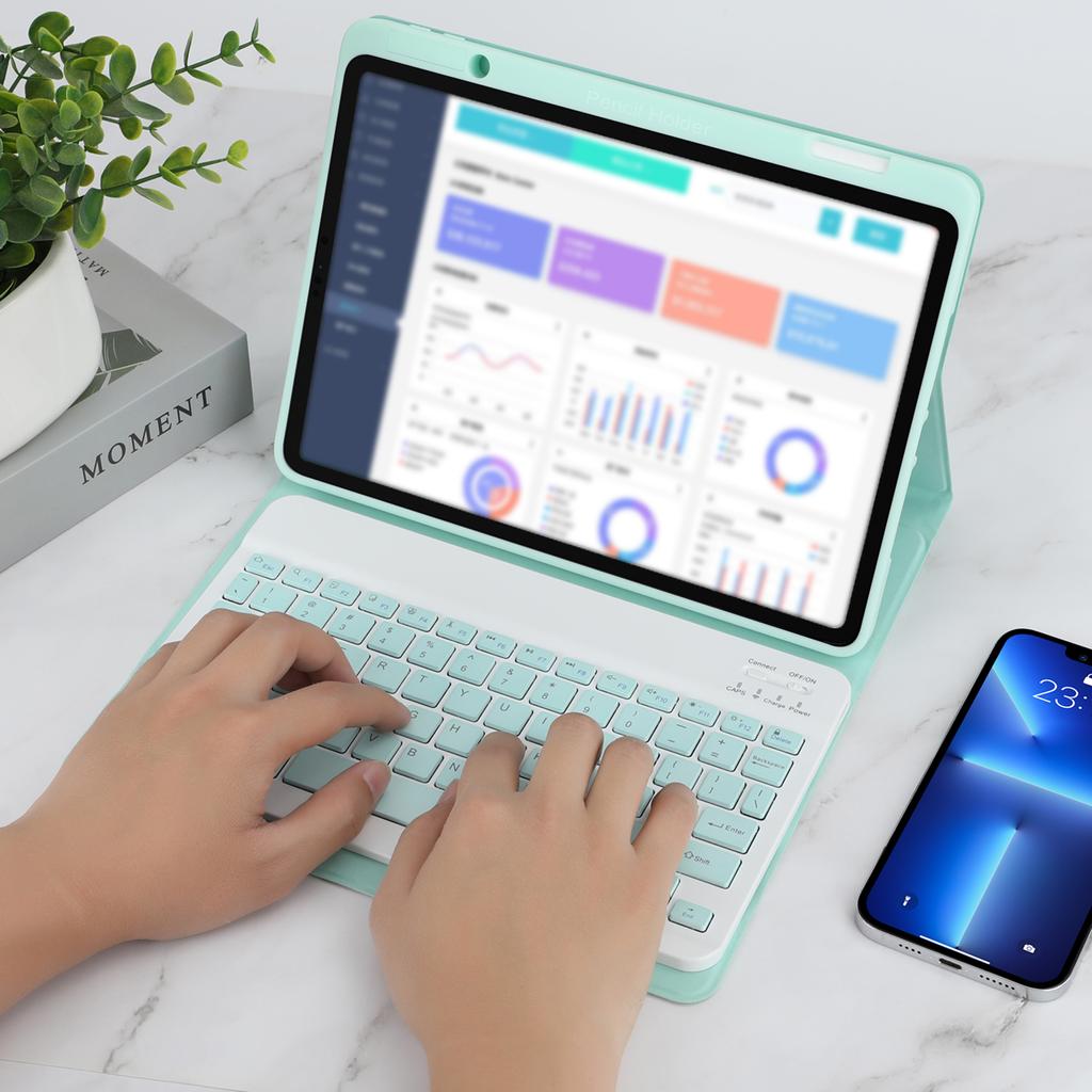 Kabellose BT-Tastatur, USB-Tastatur mit PU-Leder-Schutzhülle für Tablet, kompatibel mit iPad Air