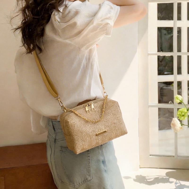 Yogodlns Fashionable Stylish Woven Straw Women's Bag New Trendy Chain Handbag Simple Woven Shoulder Crossbody Bag