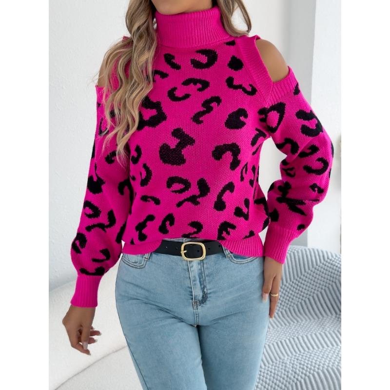 Women S Leopard Print Long Sleeve High Neck Casual Sweater