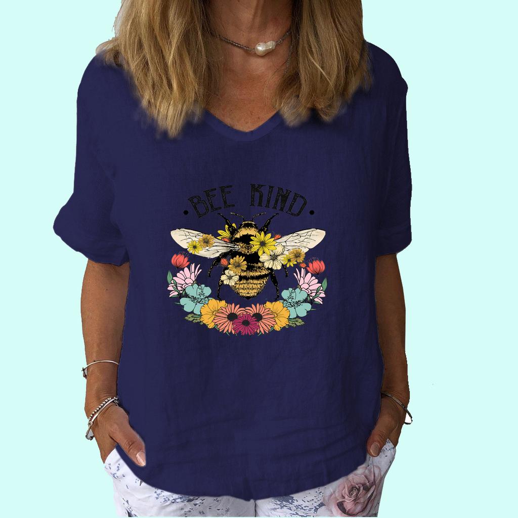 Dámská móda Top s krátkým rukávem Letní ležérní tričko s výstřihem do V Dámské potištěné bavlněné lněné tričko