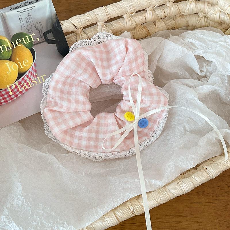 Korean Plaid Lace Large Intestine Hair Band Diy Handmade Bow Button Tie Hair Rubber Band College Wind Rope