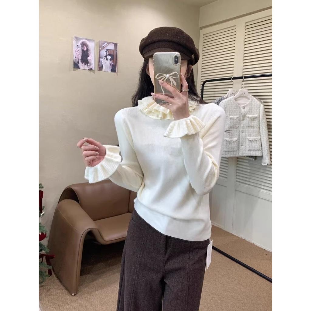 Lotus Leaf Edge Long-sleeved Knitted Sweater Women's Stacked Design Sweater Autumn and Winter New Inner Top