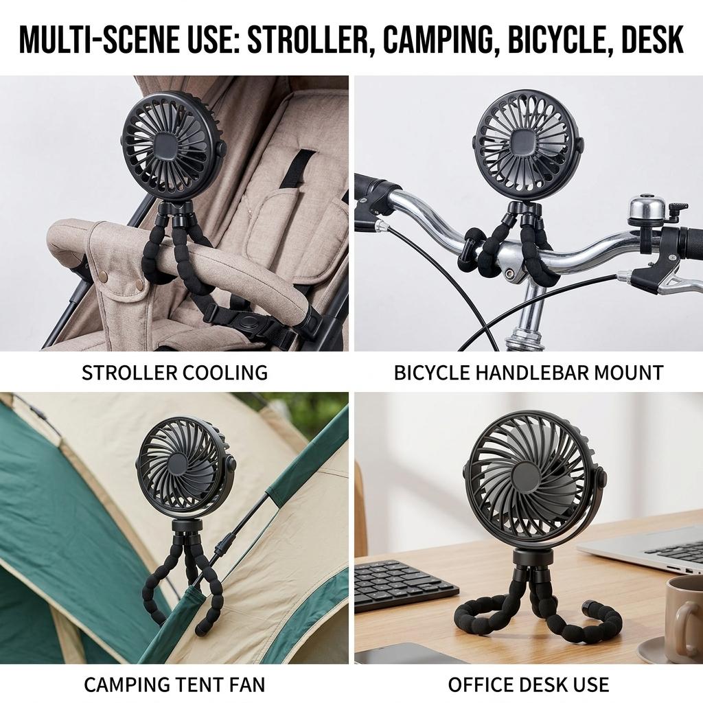 Portable Stroller Fan 360° Rotate USB Rechargeable Mini Fan, Portable Handheld Cooling Fan for Travel & Outdoor