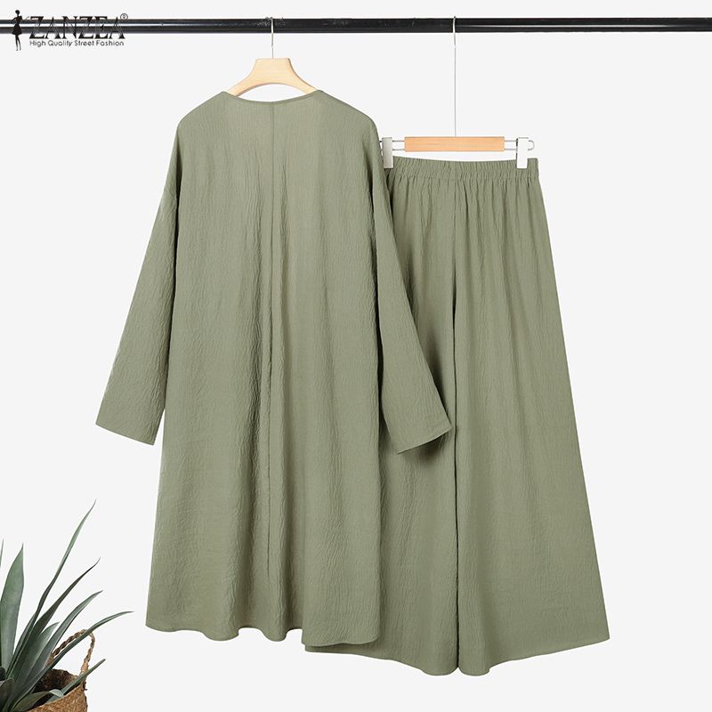 ZANZEA Women Long Cardigan Blouse and Pants Casual Two Piece Suit Sets