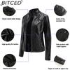 BITCED Women's Casual Leather Jacket Stand-up Collar Slim-Fit Outerwear Spring/Autumn Solid-Colour Leather Jacket