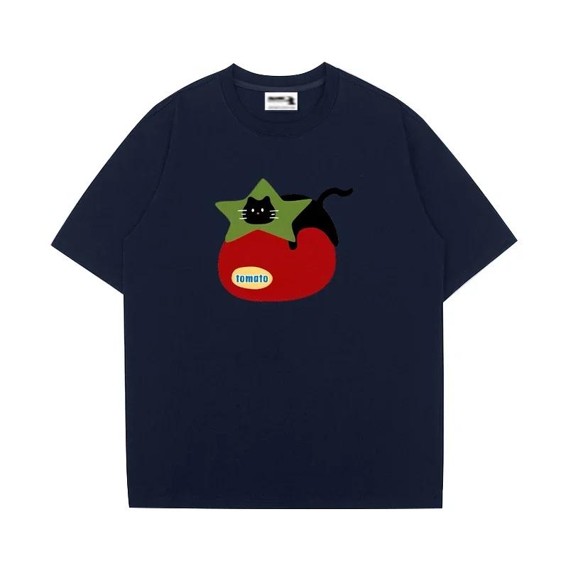 Men's Casual Tomato Cat Pattern Printed 100% Pure Cotton Short-sleeved T-shirt, Cute Kavai Humorous and Comfortable Top