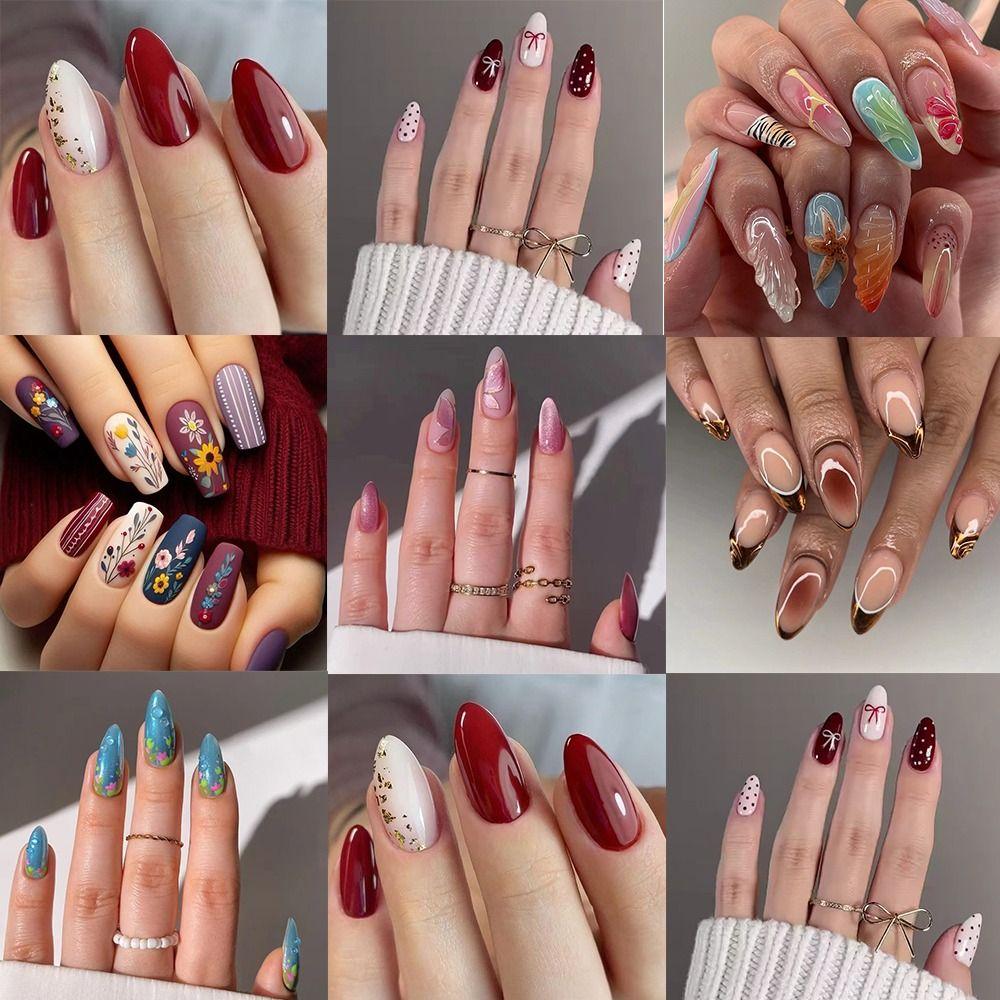 

Long Almond and Ballerina Fake Nials Red Bow Tie Press on Nails Manicure Nail Tips DIY W1812