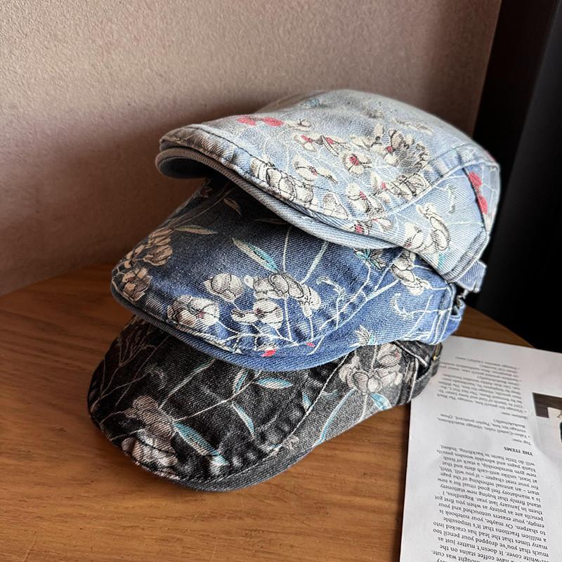 Ethnic Style Denim Cotton Cap With Floral Print For Streetwear And Sun Protection