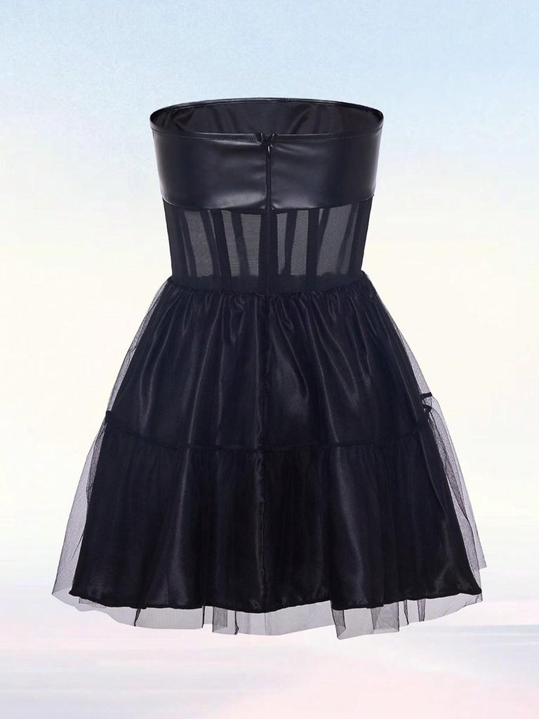 Rose Beauty A Grunge Punk Mesh Splicing PU Leder Entbeint Rückenfrei Rüschensaum Puffy Korsett Party Tube Kleid Halloween Kleidung