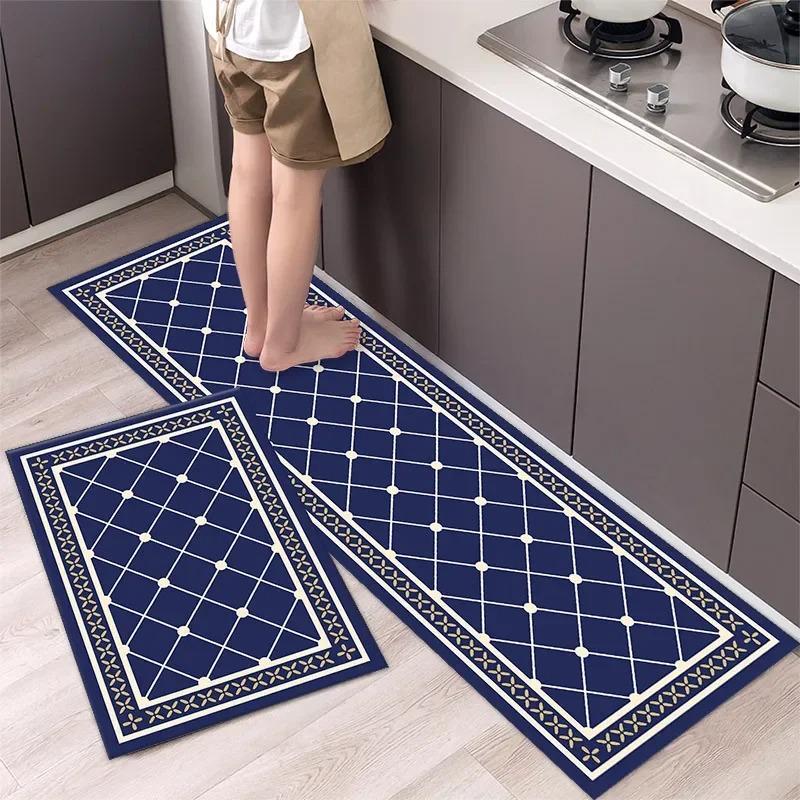 Kitchen Floor Mat PVC Leather Waterproof Non-slip Oil-proof Long Carpet Strip Plaid Stripe Home Decoration Foot Mats