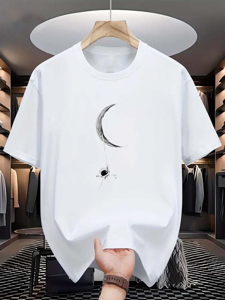 Astronaut & Moon Print Men'S T-shirt, Casual Short Sleeve Crew Neck Tee,   Composition, Regular Fit, Slight Stretch