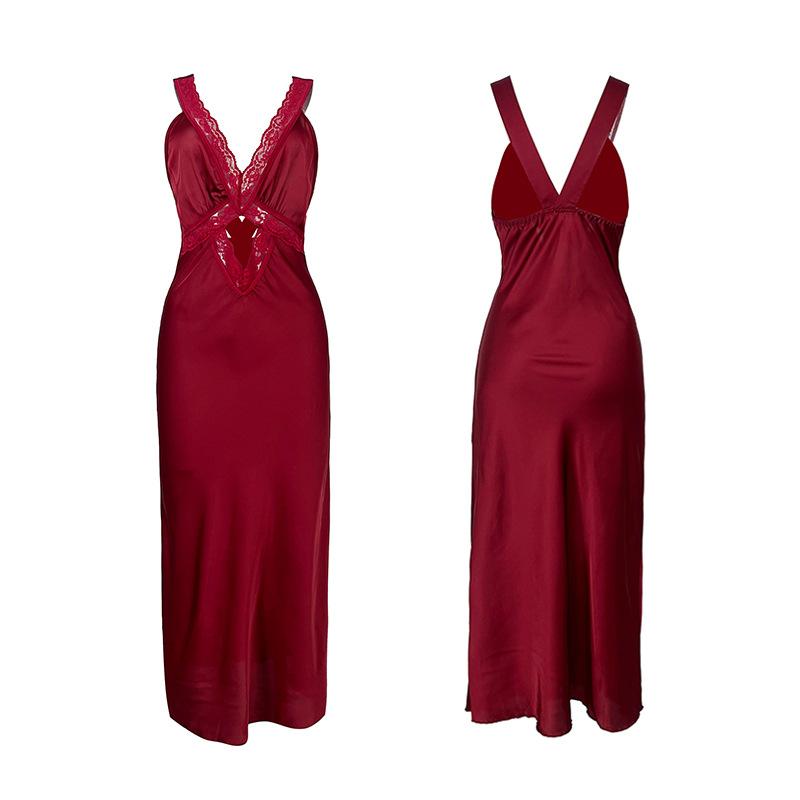 Satin Deep V Cami Nightgown Lace Cutout Multi-Color Sexy Slim Fit Women's Loungewear 802 Daring Stylish Sleepwear with Flattering Cutout Details