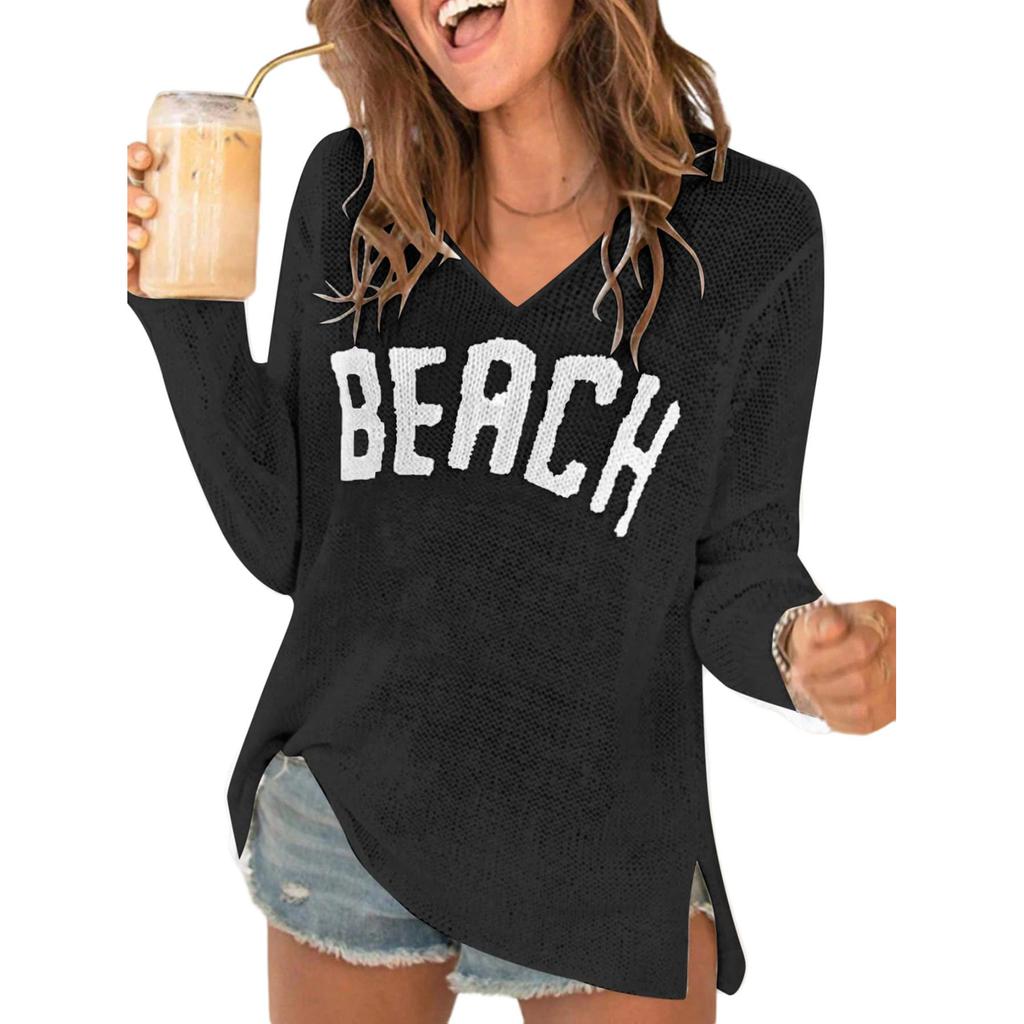Women V Neck Hollow Knit Crochet Pullover Sweater Loose Fit Lightweight Top Casual Beach Pullover Knitted Blouse