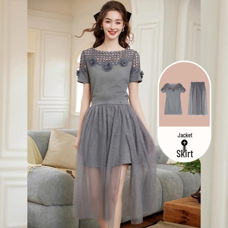 Bailuyu Floral Round Neck Mesh Skirt Two-Piece Set M