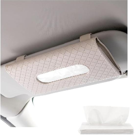 Car Tissue Holder, Leather Sun Visor Hanging Napkin Holder with Tissue Refill, Clip-On Visor Mask Dispenser Premium Paper Towels Case for Vehicles,