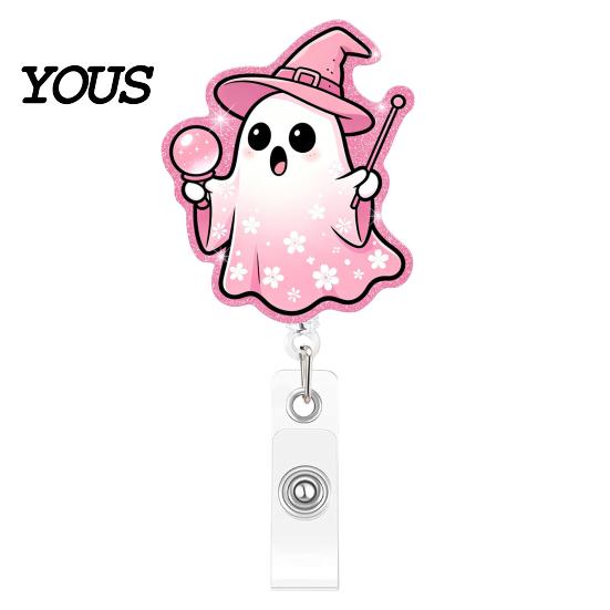 Clear Acrylic Retractable Badge Reel Halloween Ghost Reel, Glitter Holder Clip, Cute Pink ID Name for Women Nurse Teacher Medical Office Worker
