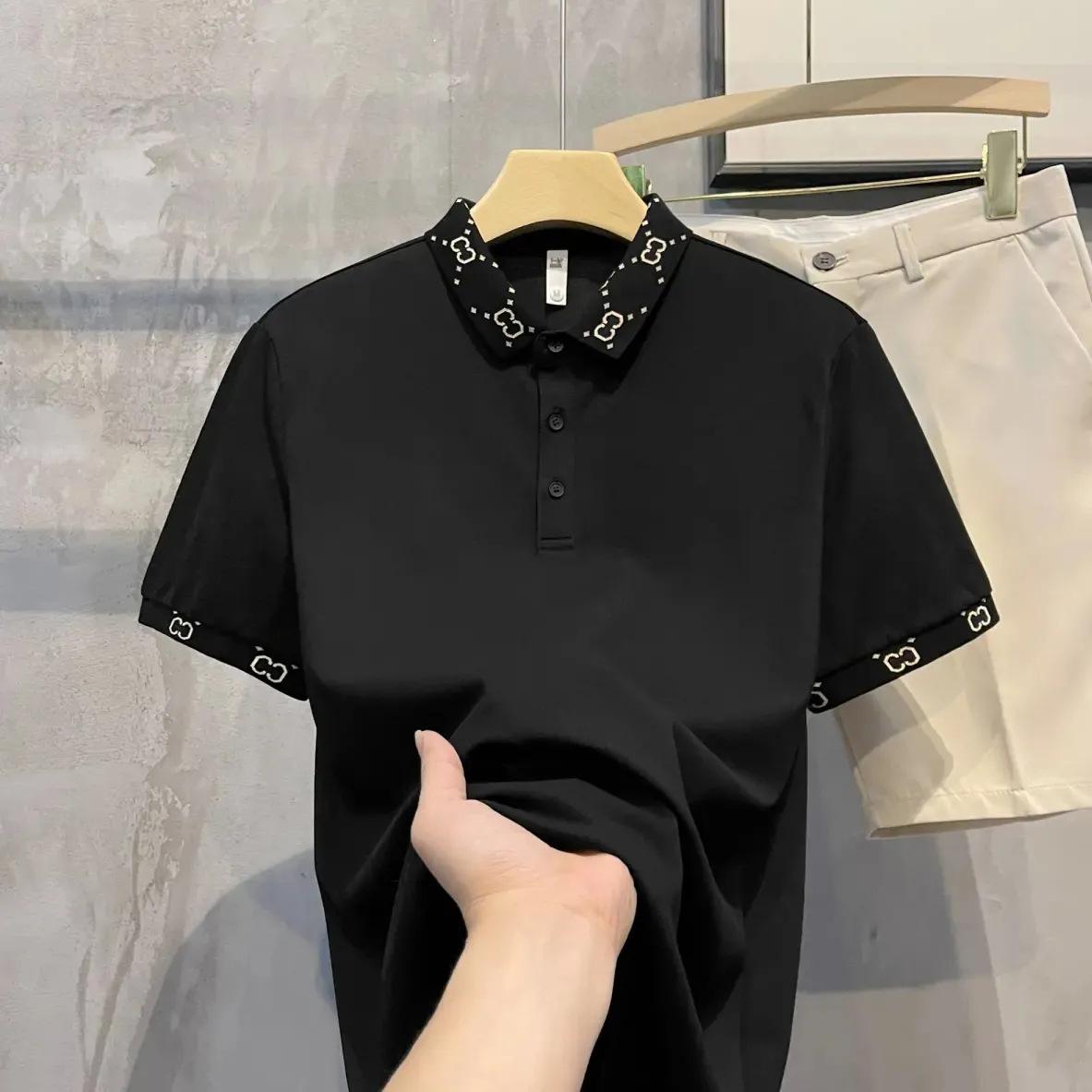 British style retro high-end lapel POLO shirt men s slim-fitting casual short-sleeved men s casual T-shirt S чёрный