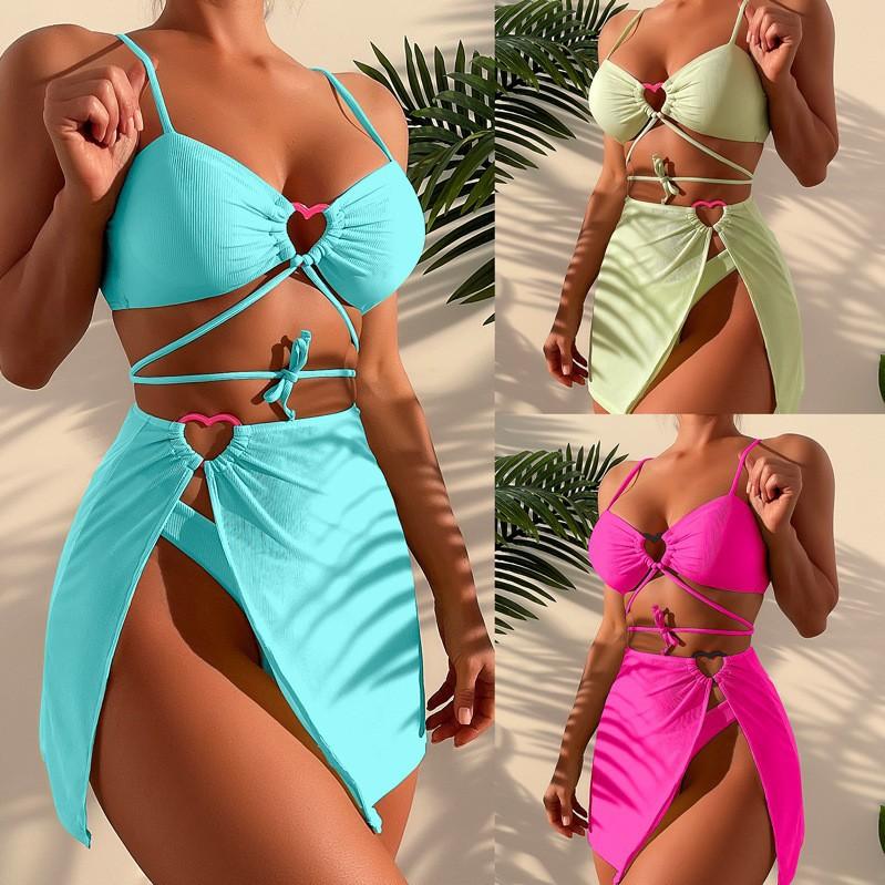 Swimsuit new solid color strap love sexy three-piece skirt bikini sexy swimsuit