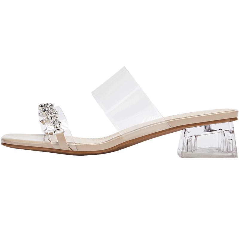 Daphne Transparent Rhinestone Chunky Heel Mules 38